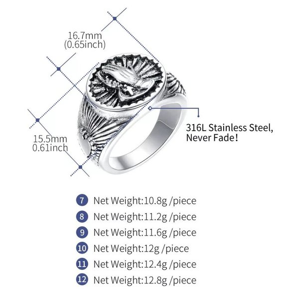 Faithheart Men's 11.5 Christian Praying Hands Signet Ring Stainless Steel Punk - Picture 3 of 6